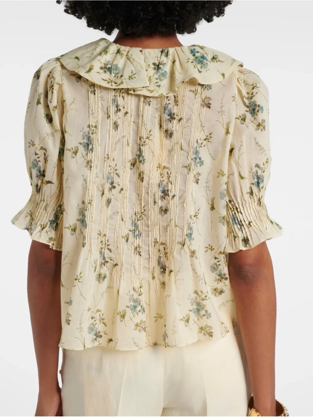 Doen Cream Floral Ruffle Blouse with Blue & Green Accents